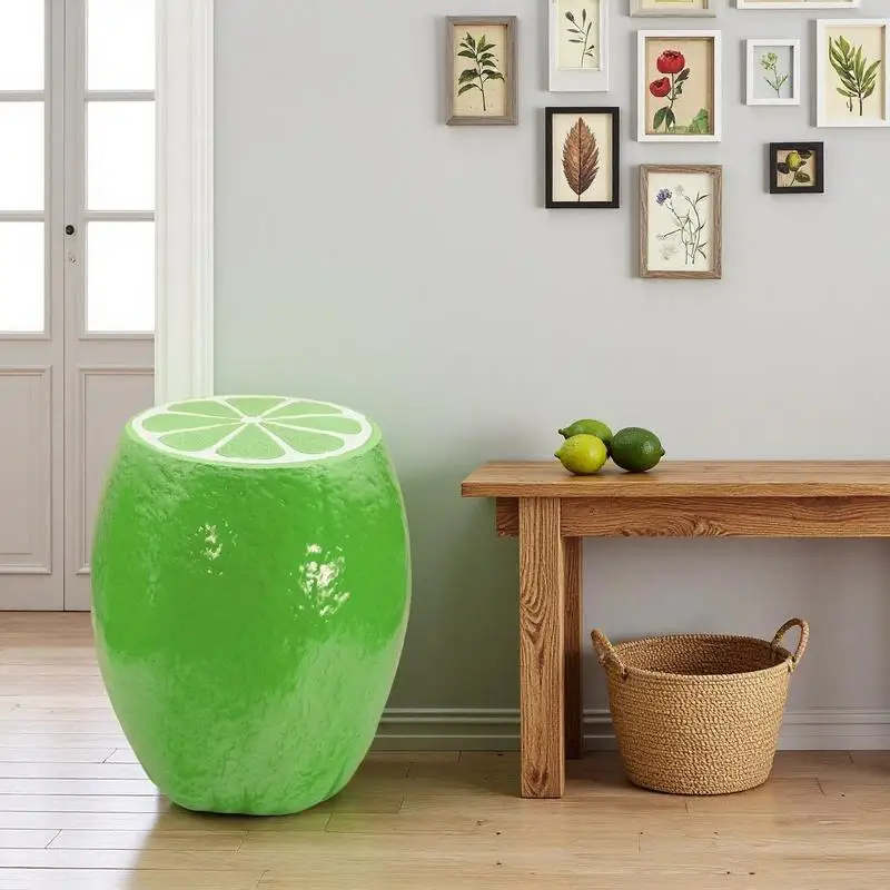 Oversized 14" Green Lemon Resin Stool, Multi-Purpose Side Table & Plant Stand for Indoor/Outdoor Decor, Innovative Garden