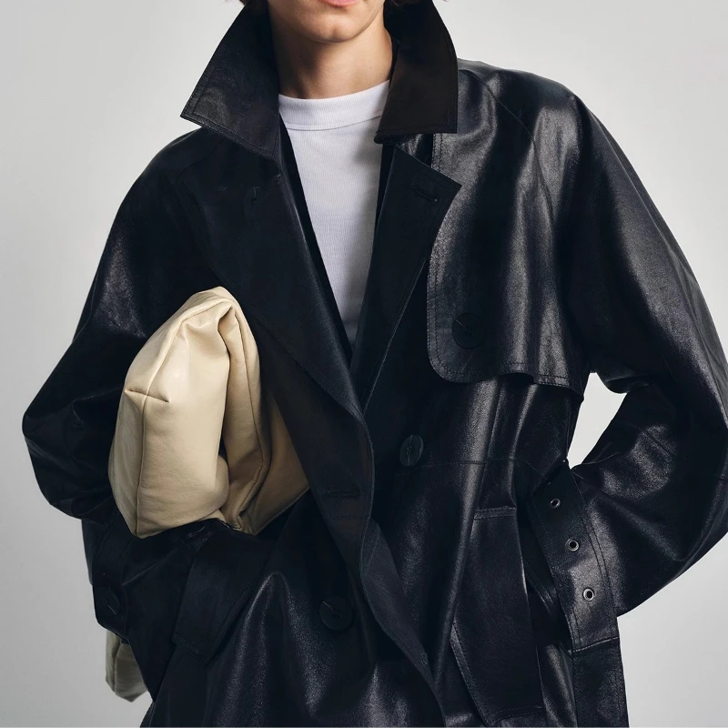 معطف خندق نسائي من الجلد الطبيعي للخريف من YOLANFAIRY طراز أحمر أنجورا مصنوع من جلد الضأن الخاص Duбlenка vrouwska 2025