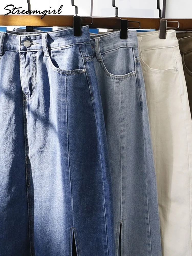 ฤดูร้อน Denim กระโปรง Midi สตรีสีกากีเกาหลีแฟชั่นกระโปรงยาวผู้หญิงกระโปรงแยกด้านข้างกางเกงยีนส์สตรีฤดูร้อนกระโปรง Denim ยาว