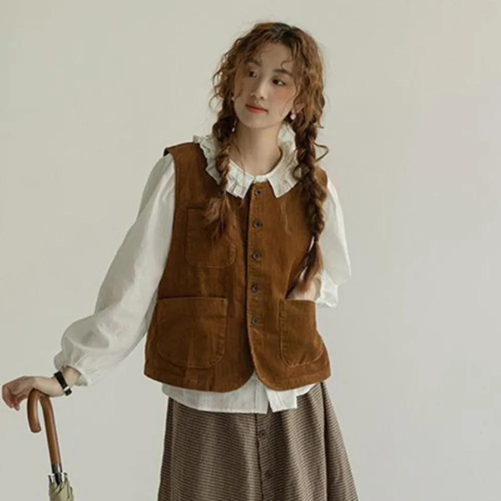 

Simple Brown Vintage Corduroy Vests Round Neck Streetwear Cropped Sleeveless Jacket All Match Retro Button-up Short Coats Female