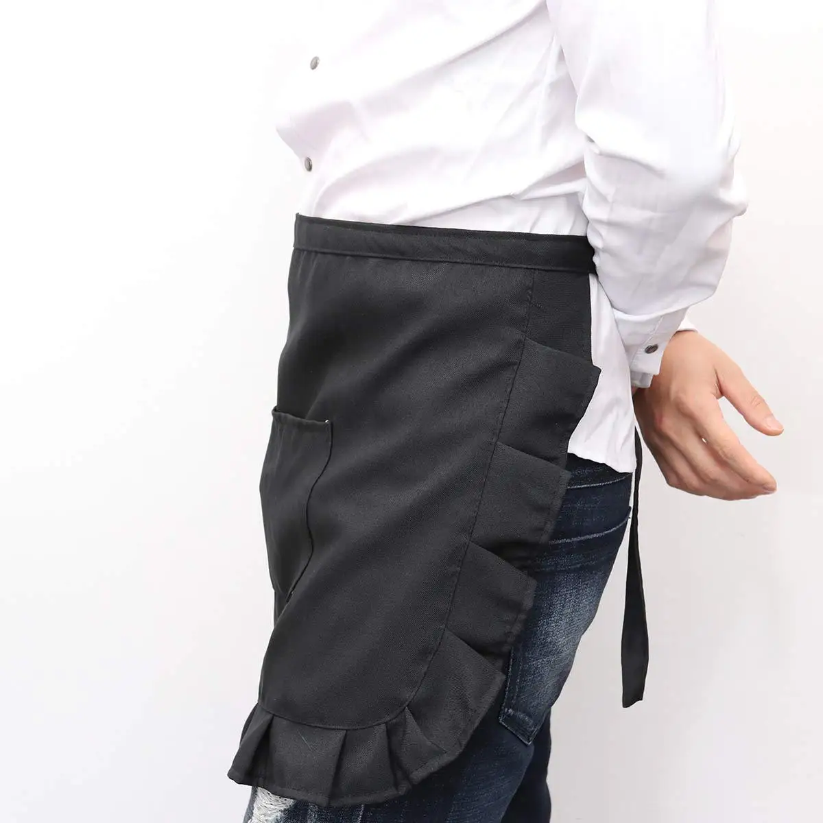 

Floral Black Short Waist Kitchen Apron Lace Half Waist Bib Maid Costume Pocket Fashion Practical Women Waitress