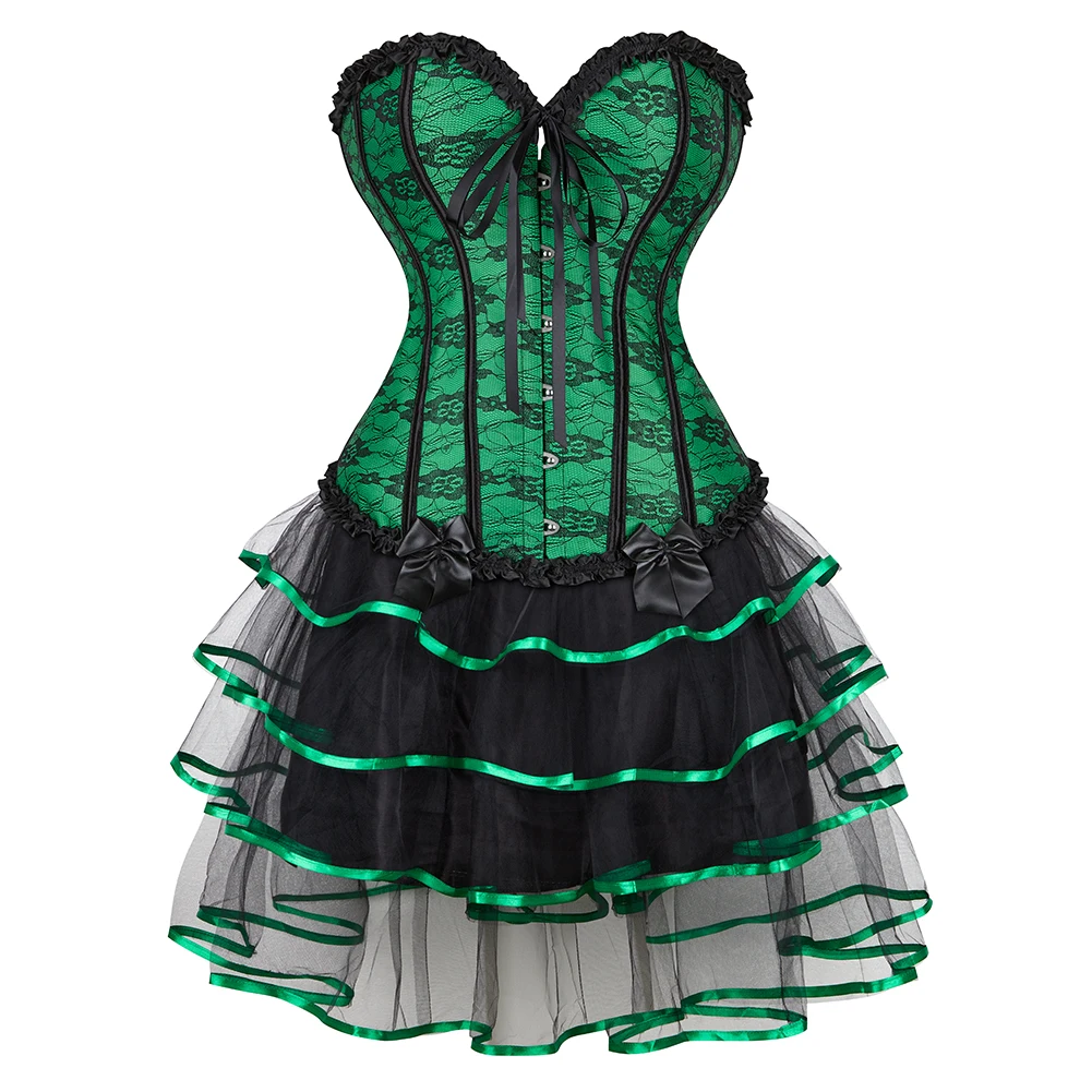 

Green Corset Dress Plus Size Tutu Skrits Set Overbust With Lace Costume Party Sexy Burlesque Ladies Basques Outfit Gothic Witch