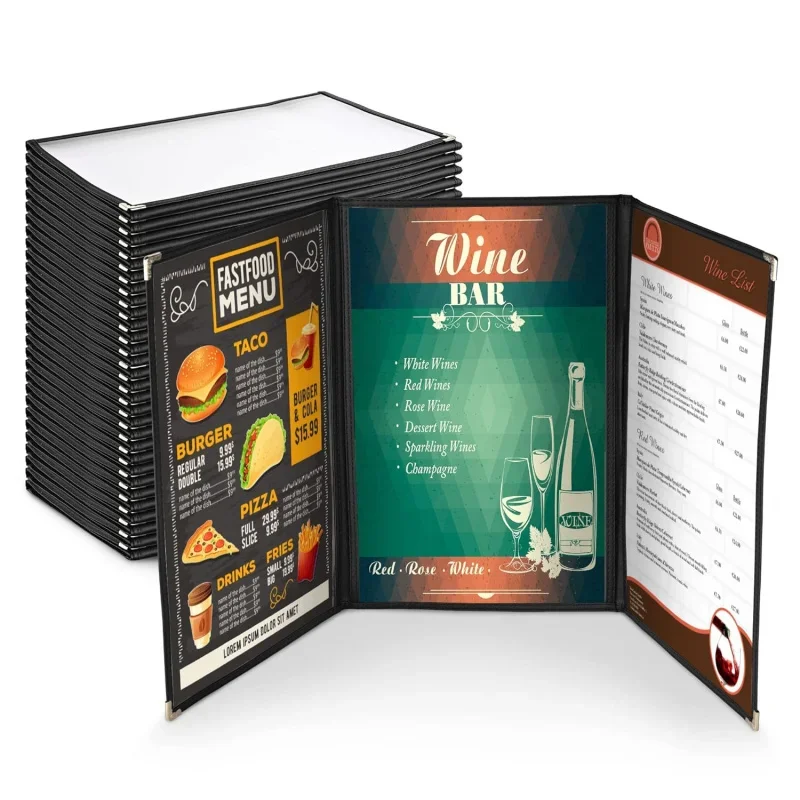 WeChef 30 Menu 8.5 x 14 Triple Fold 3 Pages 6 Views Transparent Restaurant Menu Holder Black