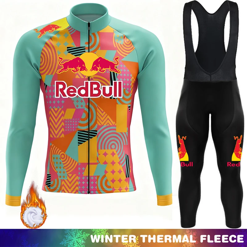 Red Bull Winter Thermal Fleece Cycling Bib Men's Pants Jersey Mtb Clothing Man Maillot Outfit Mens Clothes Bike Road Bikes Shirt