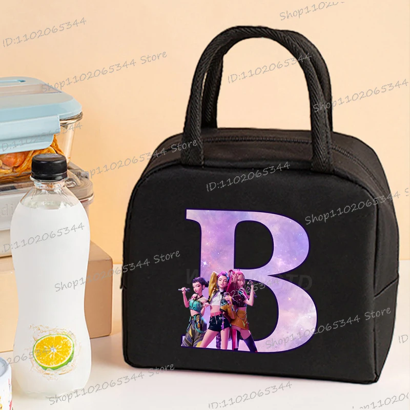 

Black Insulated KPop Demon Hunters Lunch Bag with Aluminum Foil Thickened Bento Bag Cartoon 26 Letter Lunch and Storage Bag