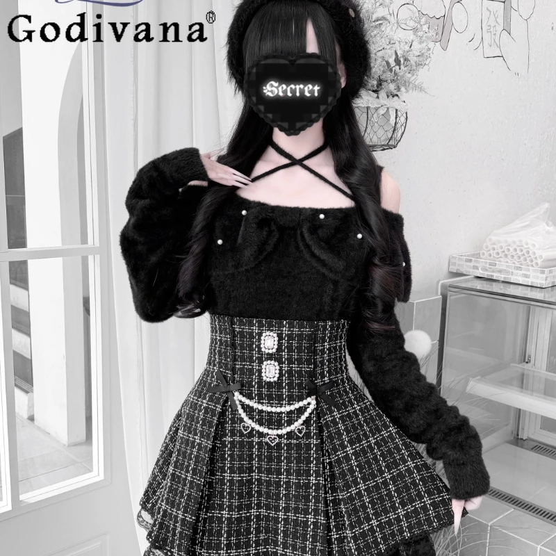 

Japanese Mine Mass-Produced Sweet Lolita Off-Shoulder Sweater Autumn New Girl's Slim Fit Halter Knitted Pullover Tops Skirts