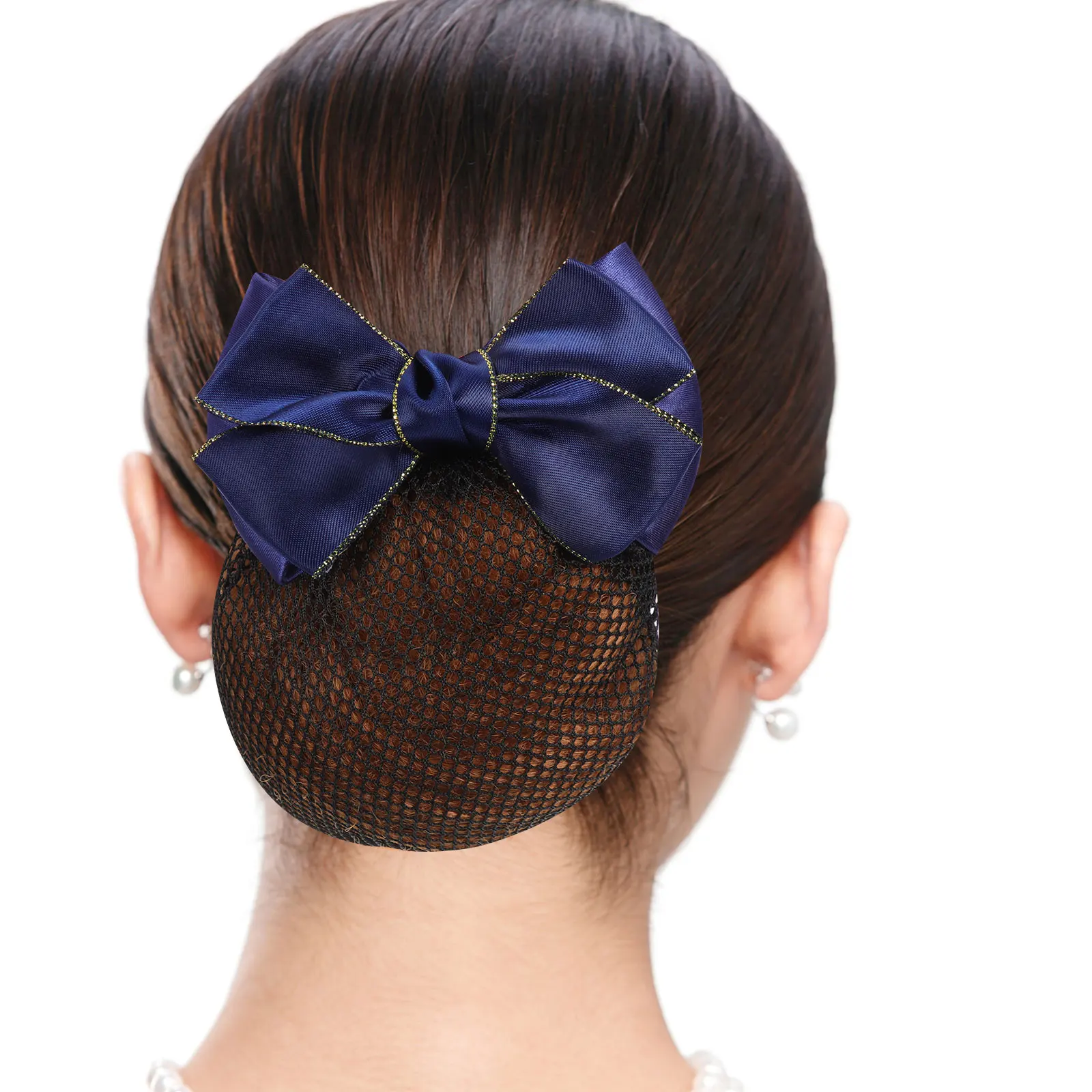 

Hairpin Blue Coarse Net Double Pearl Bowknot Hair Bun Cover Women Hairnets Nurse Dancer Bank Clerk Thin Thick Hair Haircare
