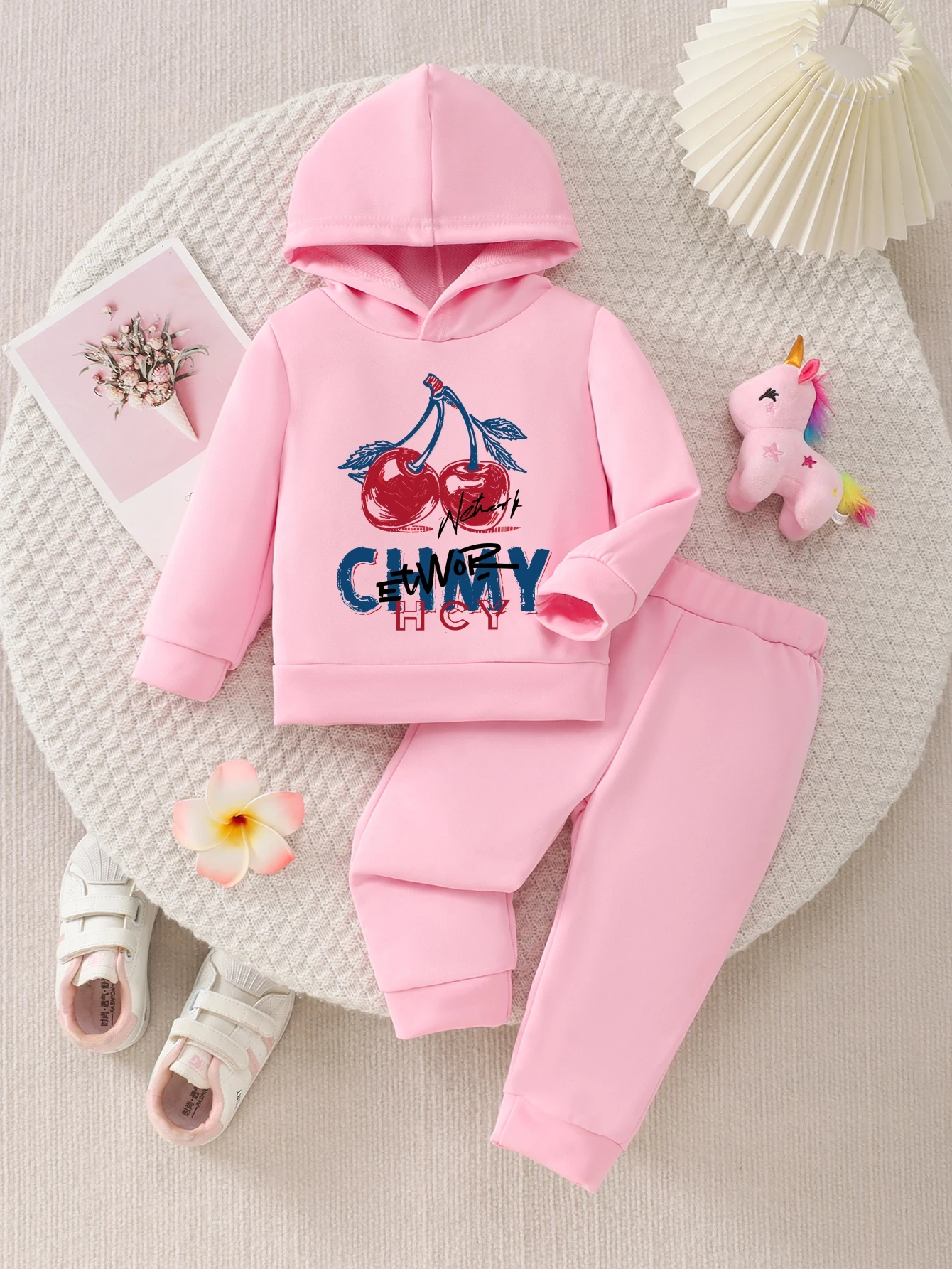 

Spring Autumn Girls Hoodie Set Fresh Cherry Print Comfortable Skin-friendlyFabricElasticPants Casual Versatile Children's Outfit