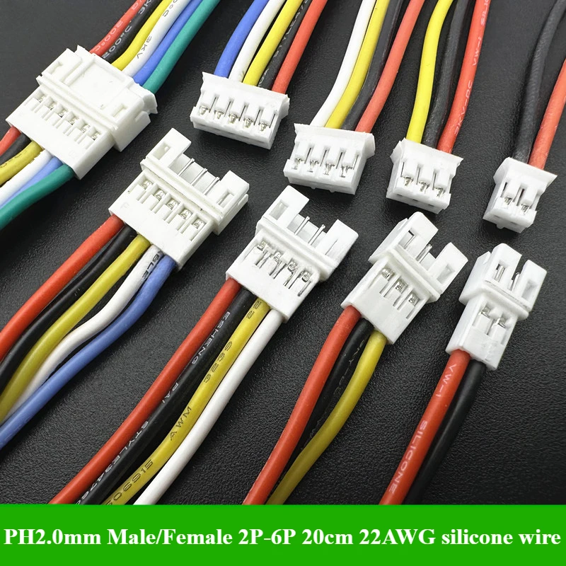 JST PH2.0mm Male Female Connector 2/3/4/5/6Pin Plug With terminal Wire Cable 20cm 22AWG high temperature resistant silicone wire