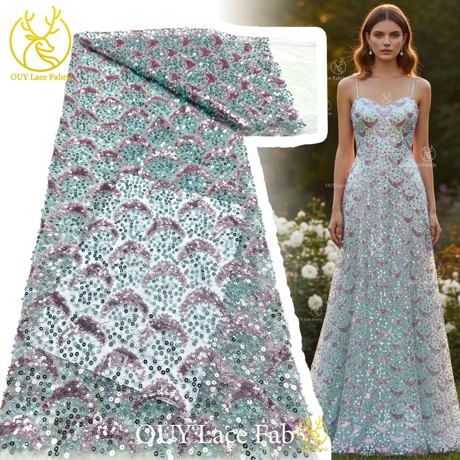 2026 African Sequin Lace Fabric 5 Yards High-Quality Nigerian Beaded Tulle Mesh Lace Fabric Suitable for Wedding Dress Sewing