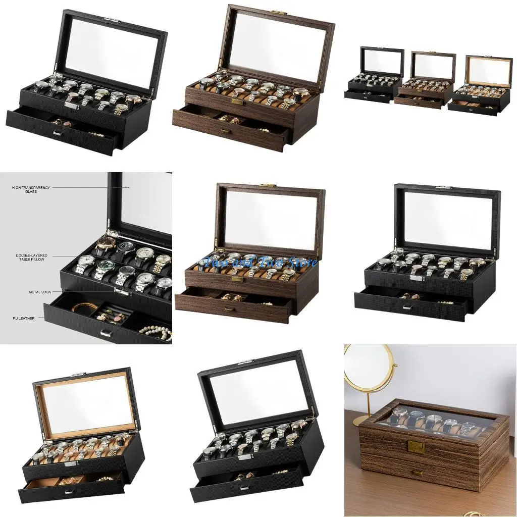 

HX6F Elegant 12 Slot Watch with Drawer Double Layer Watches Storage Box