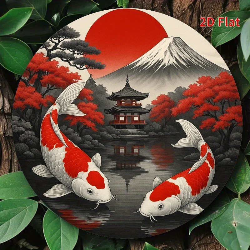 2D Flat - A Metal Wall Art Featuring a Carp And Mount Fuji - a 2D Aluminum Sign with Vibrant Red And White Koi Fish Against a Se