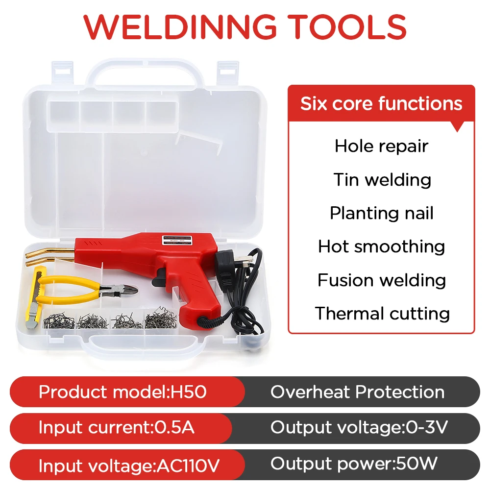 1set 50W Repair Car Bumper Welding Welder Machine Gun Kit + Staples Hot Stapler Plastic Repair Kit Car Bumper Crack Repair Tools