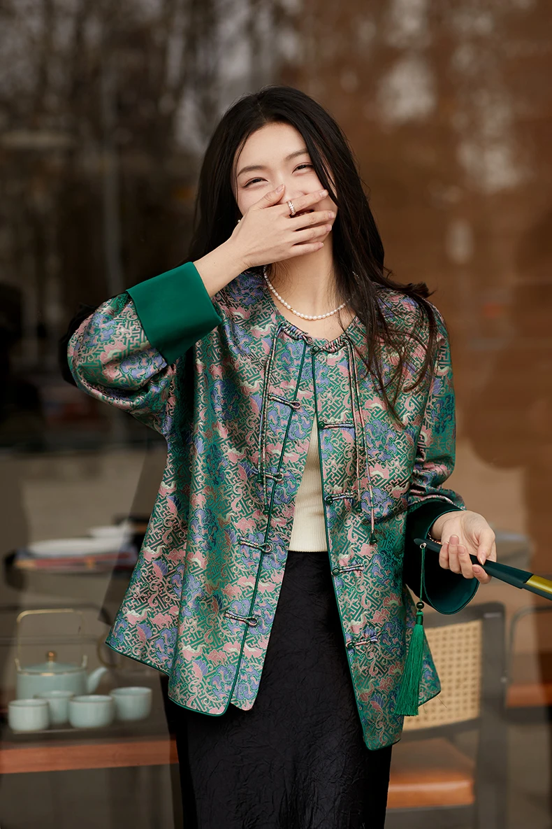 BirdTree, 100%Mulberry Silk, Elegant Coat For Women, Jacquard 6A Song Brocade, Chinese Style Jacket, 2024 Spring Autumn C49604QM