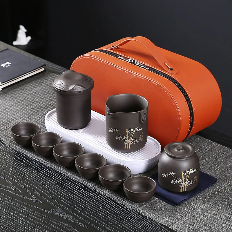 Purple Clay Quick Tea Set One Pot Six Cups Travel Kung Fu Tea Set Portable Bag Set Outdoor Tea Brewing Ceramic Tea Set Practical