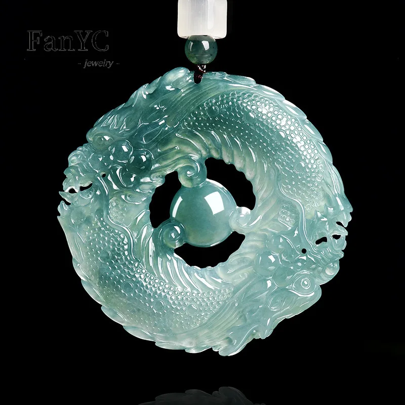 Natural Jadeite Blue Water Double Dragons Playing A Pearl Pendant Openwork Carving High-End Ice-Type Jade Necklace Unisex Gift