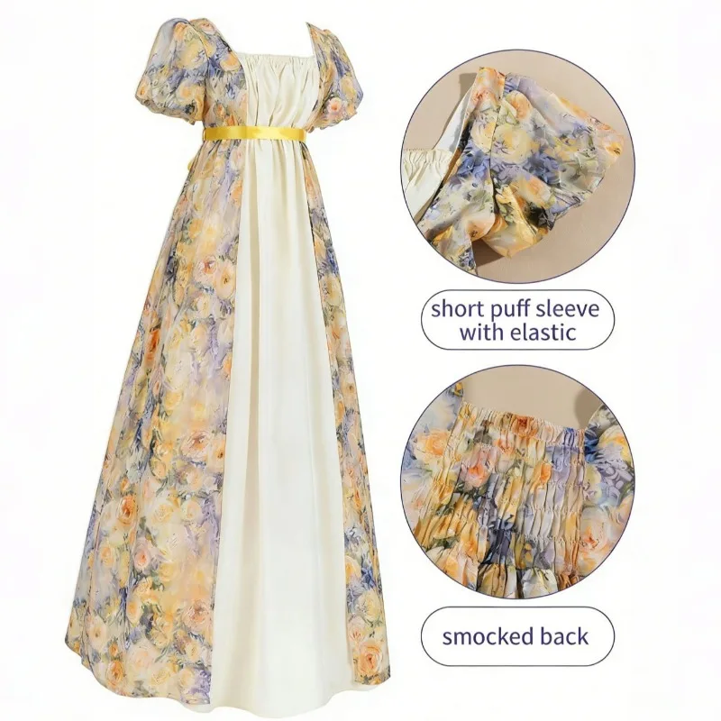 

New Medieval Cosplay Costume High Waist Floral Rose Print Dress Halloween Theme Party Role Playing Outfits for Adult Women