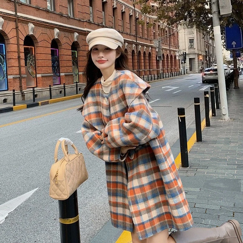 

Женское винтажное шерстяное пальто большого размера в клетку, осень-зима 2022, французский свободный крой, теплый плащ, накидка с шалью