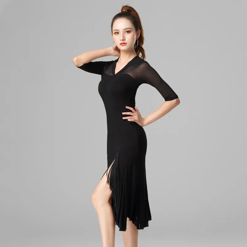 Women's Latin Dance Wear Line Dance Costume Black Dress for Adult Women Advanced Dance Professional Practice Samba V-neck Dress