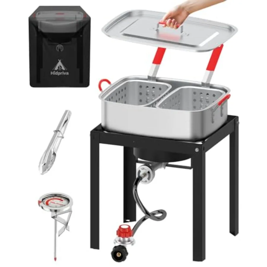 

18QT Propane Fish Fryer with Cover 2 Baskets 55000 BTU Outdoor Deep Fryer Aluminum Pot with Lid Thermometer Tongs CSA Approved