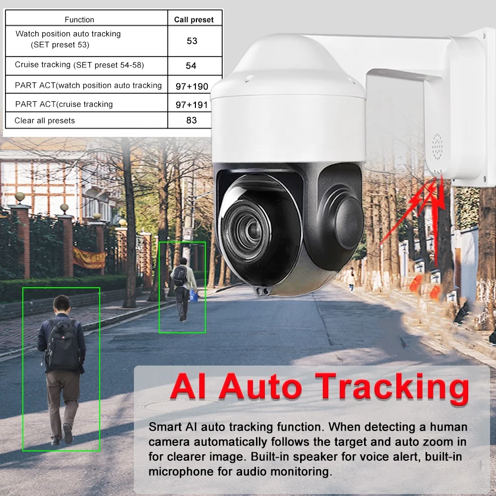 CCTV Security POE 5MP PTZ Camera AI Auto Tracking Starlight 20X 40X Zoom Surveillance Audio Video Recording Pan Tilt 30X Zoom