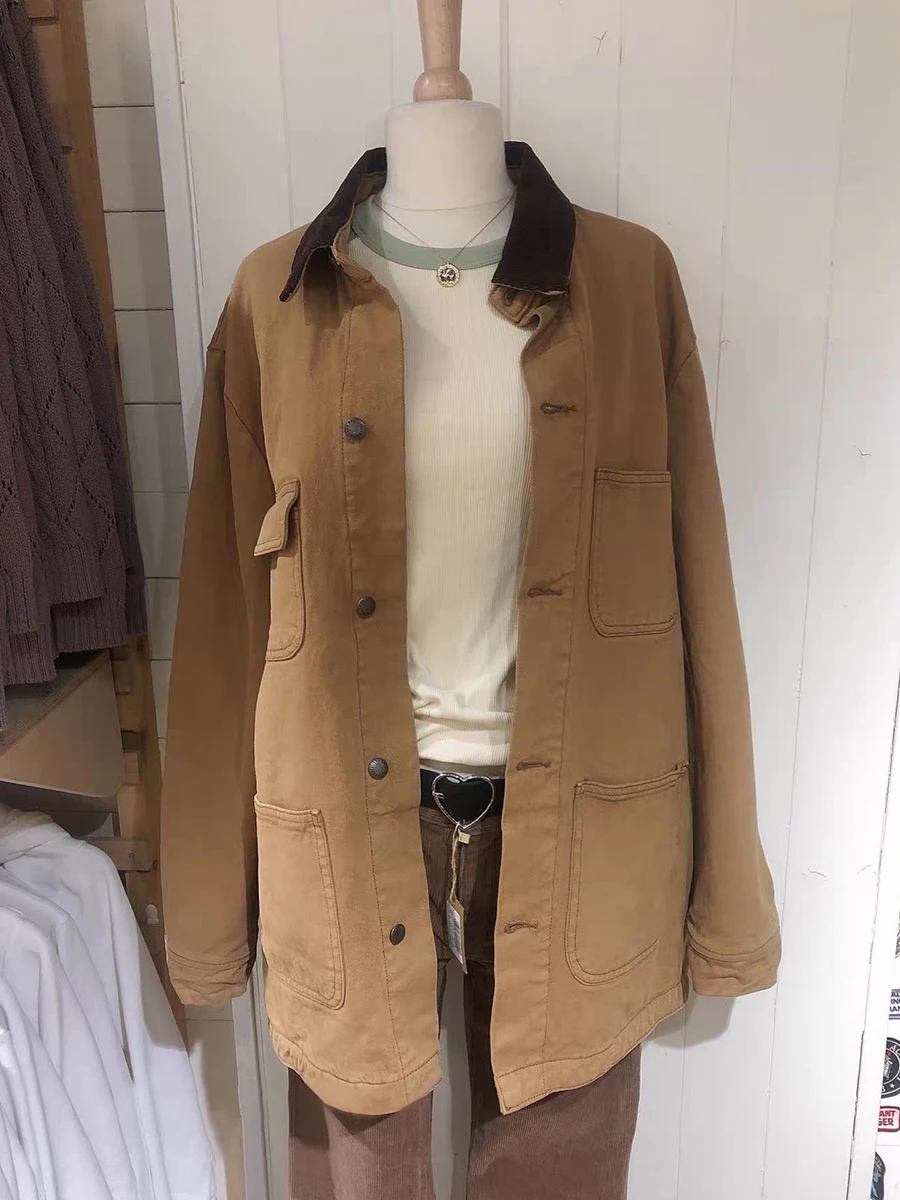 

Pockets Cotton Jacket Woman Corduroy Patchwork Lapel Single Breasted Long Sleeve Coat American Vintage Streetwear Outerwear Top