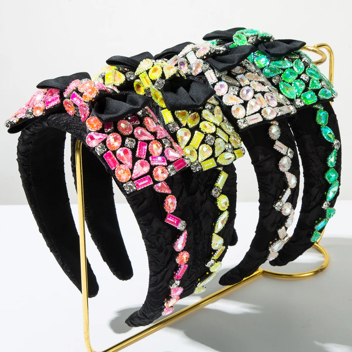 

New Fashion Fabric Headband Women's Bow High Cranial Top with Colored Diamonds Full Diamonds Shiny Prom Hair Accessories Headban