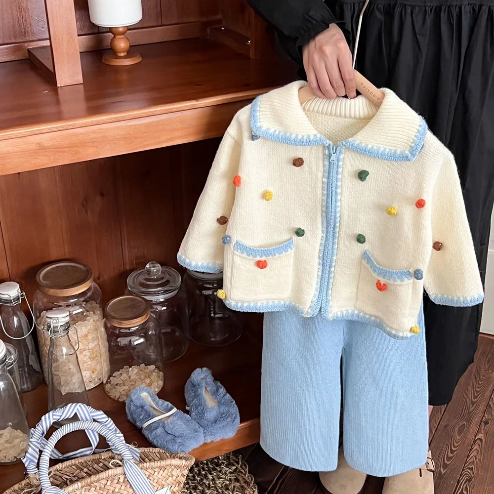 Girls Sweaters Suits Fashion Kids Knitted Zipper Cardigans Coats+Loose Pants 2Pcs Spring Autumn Children Clothes Sets Knitwear