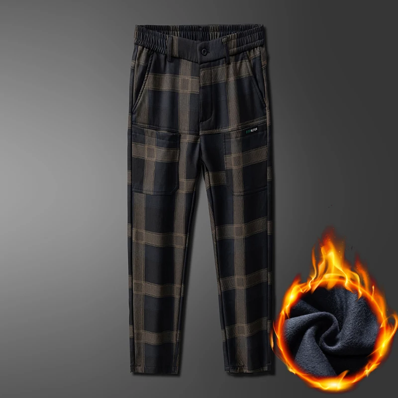 2024 New Winter Luxury Plaid Check Pattern Fleece Thick Warm Casual Pants Men Business Velvet Korean Pocket Long Trousers Male