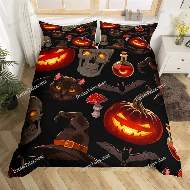 Cute Halloween Cat Duvet Cover Mystery Castle Bedding Set for Kids Teen Microfiber Misty Forest Bat Quilt Cover Queen Bedclothes