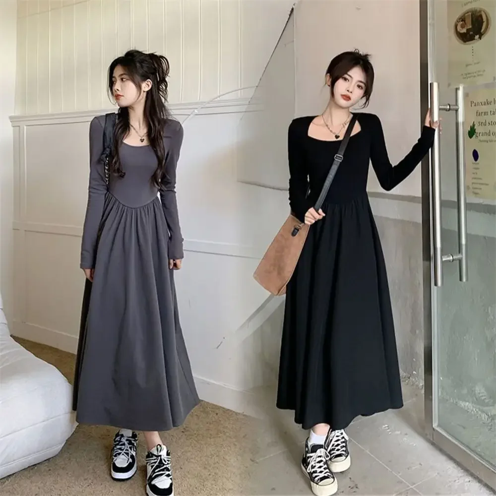 French square neck black long sleeved dress, autumn women's new Hepburn style pleated dress, casual waistband A-line long dress