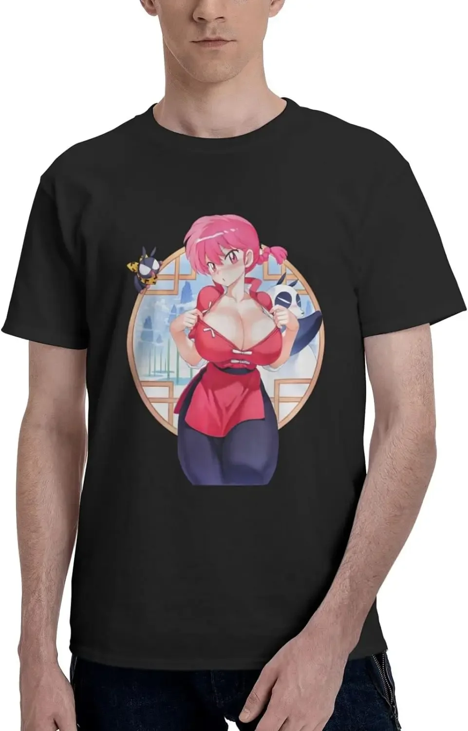 Anime Ranma ½ Shirt Cotton Short Sleeve Fashion Tops for Men Black