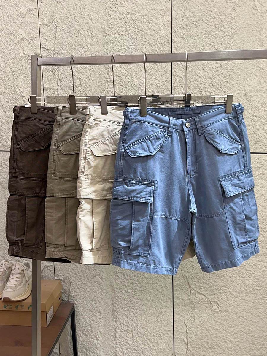 

Heavyweight Cotton Casual High Waist Straight Leg Men's Shorts Summer Fashionable Pockets Workwear Light Washed Pure Cotton