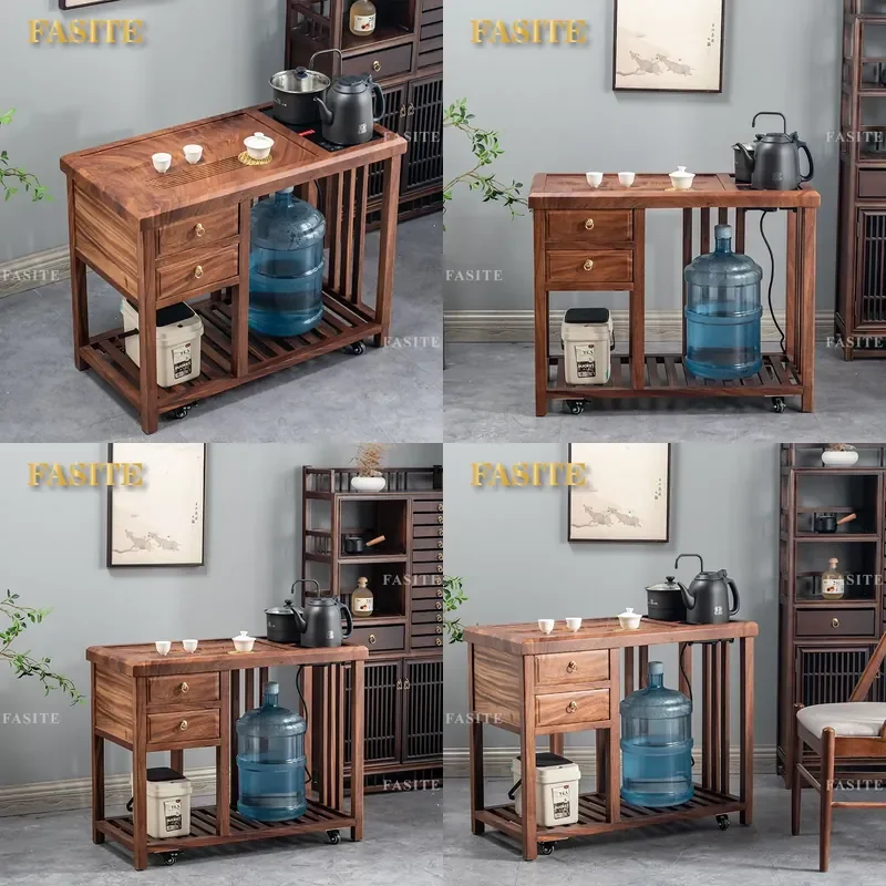 For New Chinese Style Living Room Walnut Mobile Tea Table with Integrated Kettle Coffee Side Cabinet Household Complete Tea