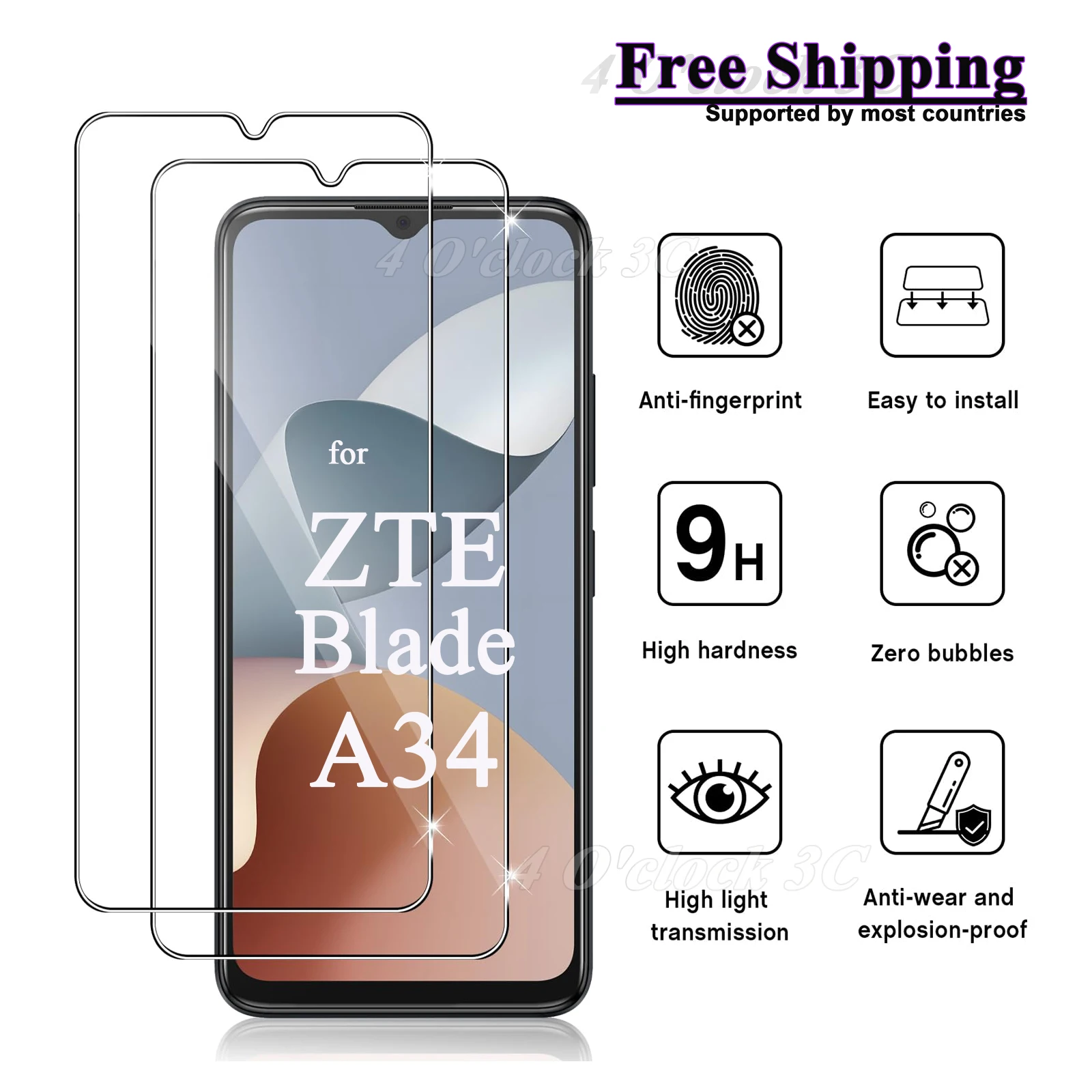 

For ZTE Blade A34 6.6 inch Screen Protector Tempered Glass Crystal Mica 9H HD Clear Transparent