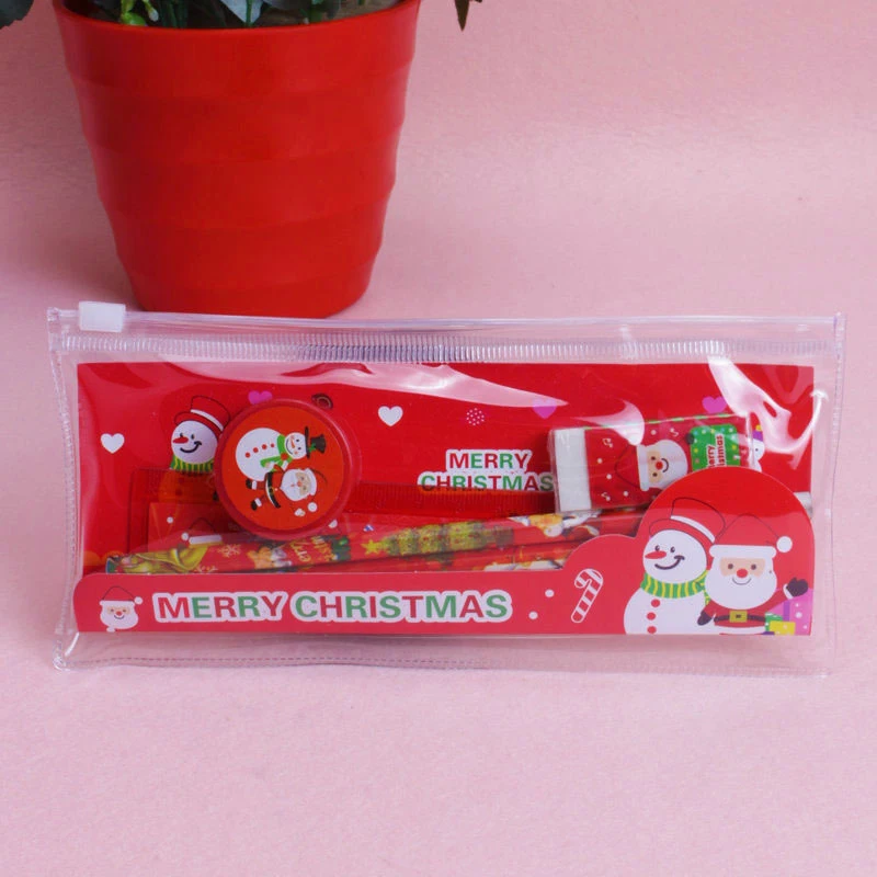 5Pcs/Pack Cute Christmas Stationery Set Pencil Ruler Earser Sharpener Pencil Case Stationery Set For School Gir Boy Gift