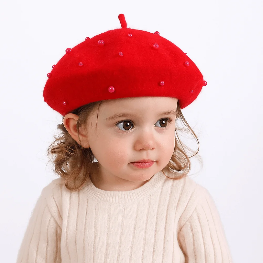 

Cute Pearl Children's Beret Woolen Solid Color Baby Wool Hat Korean Style Thicken Painter Hat Kid