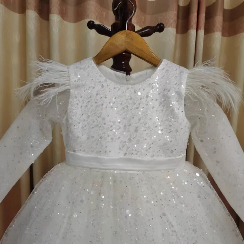 Girls' White Puffy Tulle Dress Long Sleeve Feather Evening Gown Stylish Sequin Girl Flower Girl Children's Birthday Performance