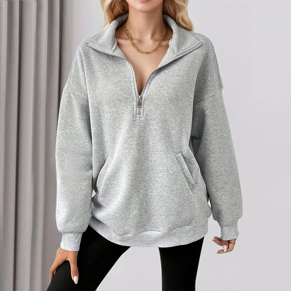 2025 feminino casual solto esportes cor sólida simples manga comprida gola alta bolso moletom