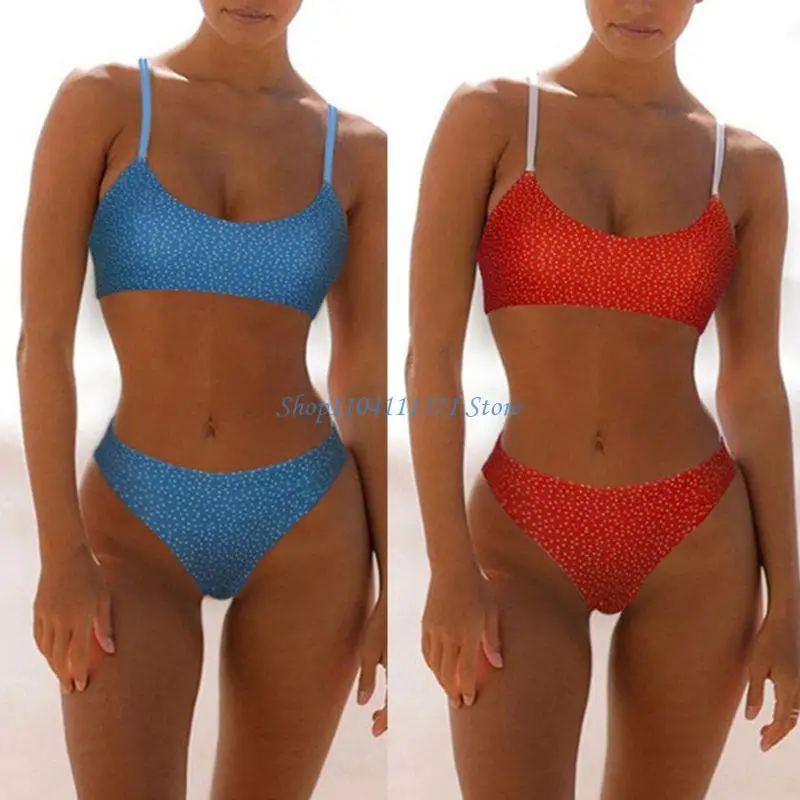 

P9FC Women Polka Dot Printing Swimwear Padded Push up 2 Piece Sets Swimsuits Beautiful Back Lanyard Outdoor Beach Suit