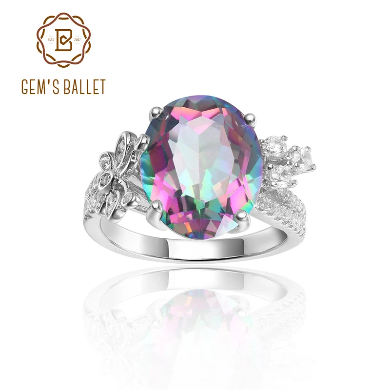 GEM'S BALLET 4.36Ct 10x12mm Rainbow Mystic Topaz Gemstone Antique Art Rings in Sterling Silver with Laurel Leaves Gift For Her