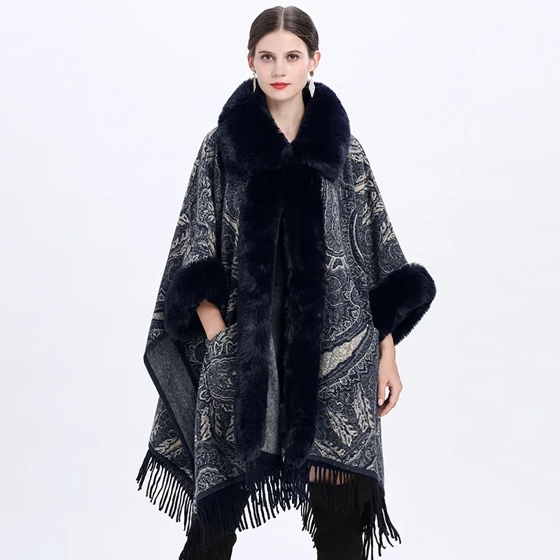 

5 Colors Women Winter Thick Loose Poncho Tassel Cape Faux Big Rabbit Fur Collar Cloak Long Woolen Printed Streetwear Coat