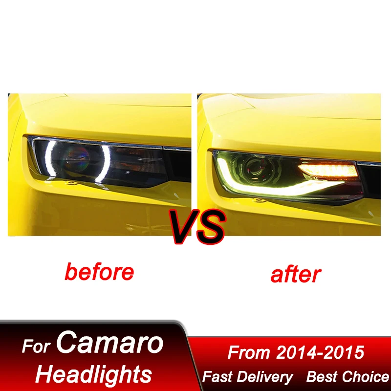 تصفيف السيارة المصابيح الأمامية لسيارة شيفروليه كامارو 2014-2015 كامل LED نمط جديد مجموعة المصابيح الأمامية للسيارات مجموعة ملحقات عدسة العرض
