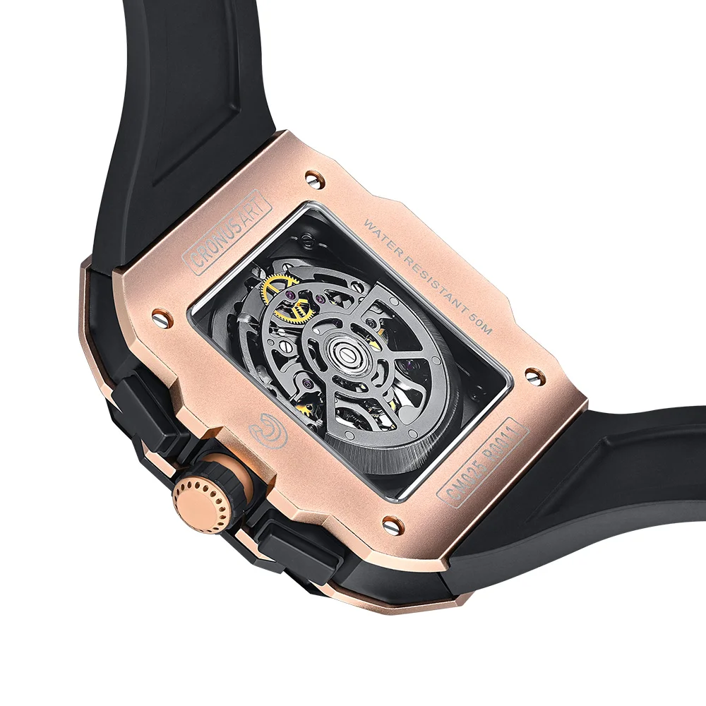 CRONUSART Men Chronograph Watch 45mm*55mm Square Automatic Mechanical Wristwatch Carbon Steel Case Luminous Fluororubber Strap