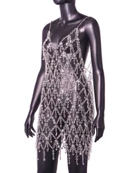 Octagonal beaded hollowed-out nude body chain Black suit with beaded clothing