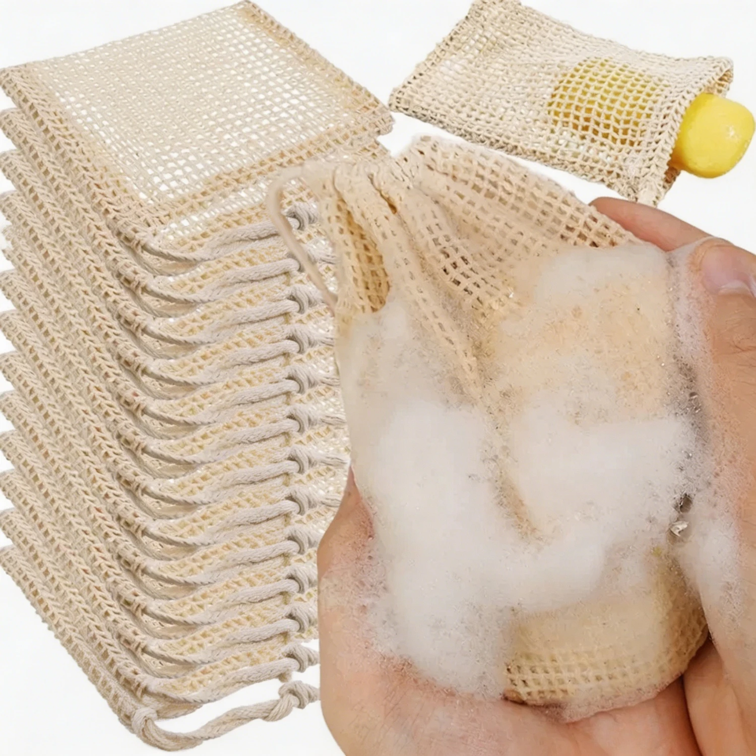 1/10PCS Hangable Soap Bags Natural Cotton Linen Foaming Soap Net Bag Body Soap Cleanser Net Bags Household Shower Cleaning Tools