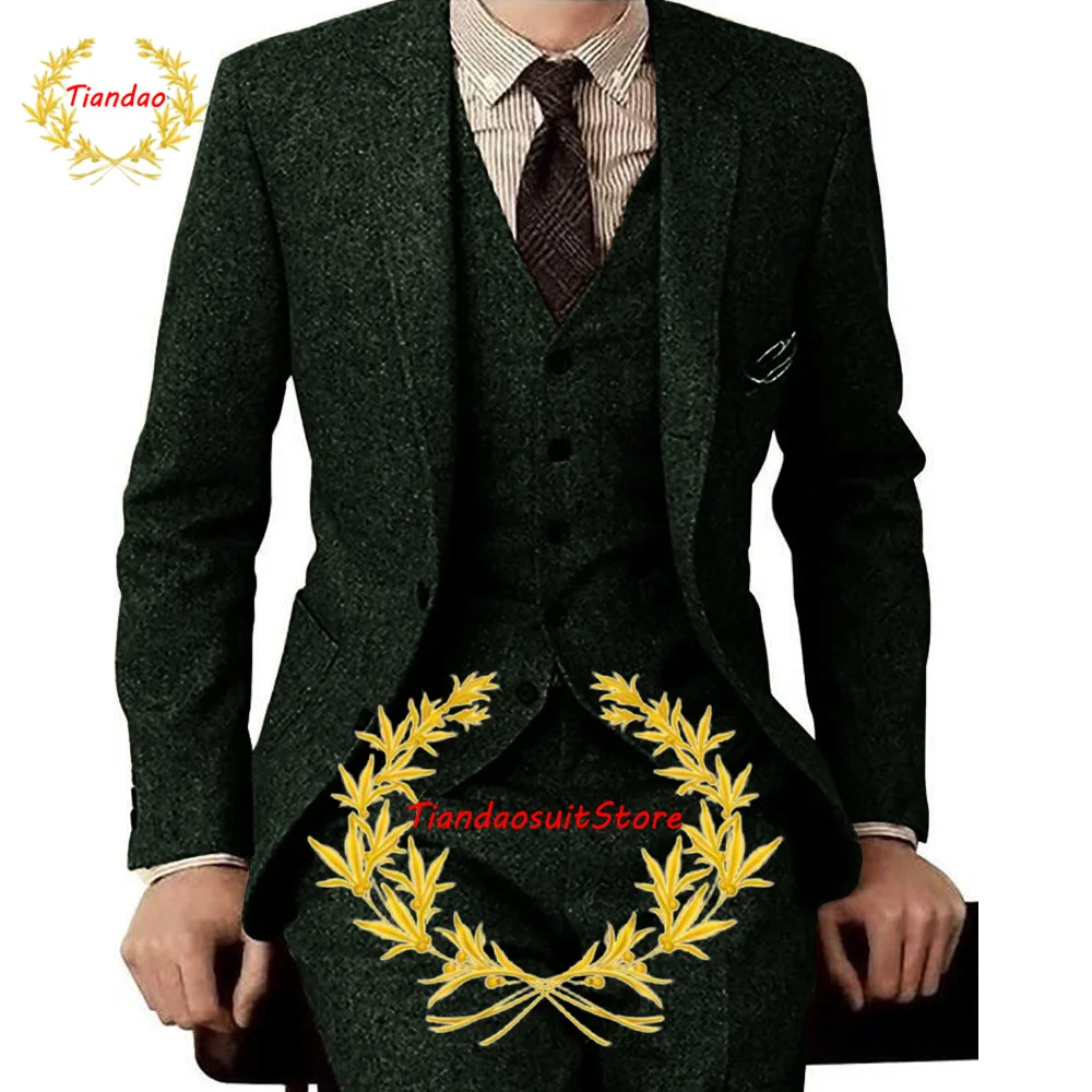 Bruine Wol Mannen Pak 3 Stuk Visgraat Winter Thermische Jas Broek Vest Slim Fit Zakelijke Jas Formele Complete Outfit