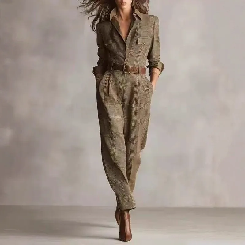 بدلة قفز نسائية كلاسيكية كلاسيكية منقوشة لخريف 2025 بدلة قفز عصرية غير رسمية بأكمام طويلة ملابس نسائية للمكتب