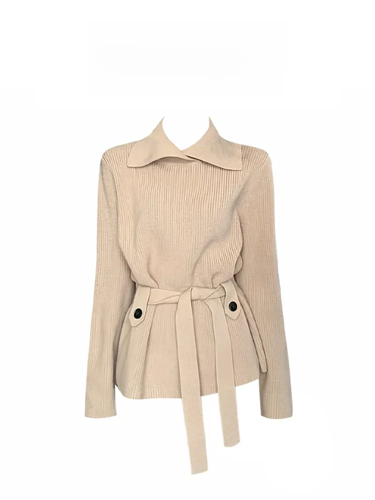 Korean Style Women's Knitted Sweater And Jeans Set Waist-Cinching Belted Lazy Chic Long Sleeve Casual Spring Fashion