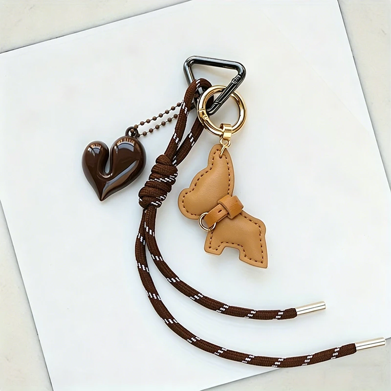 New Leather French Bulldog Pendant Angola Red Heart Braided Rope Keychain Pendant Personalized Bag Pendant Accessories